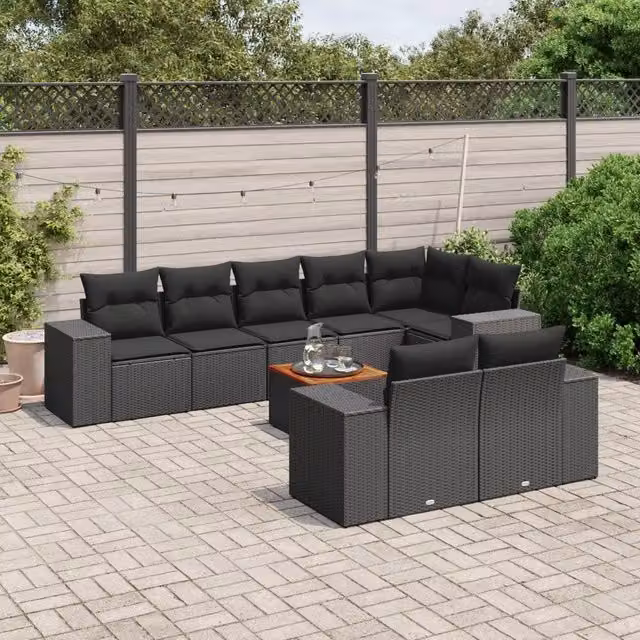 Set Divani da Giardino 9 pz con Cuscini Nero in Polyrattan 3225530
