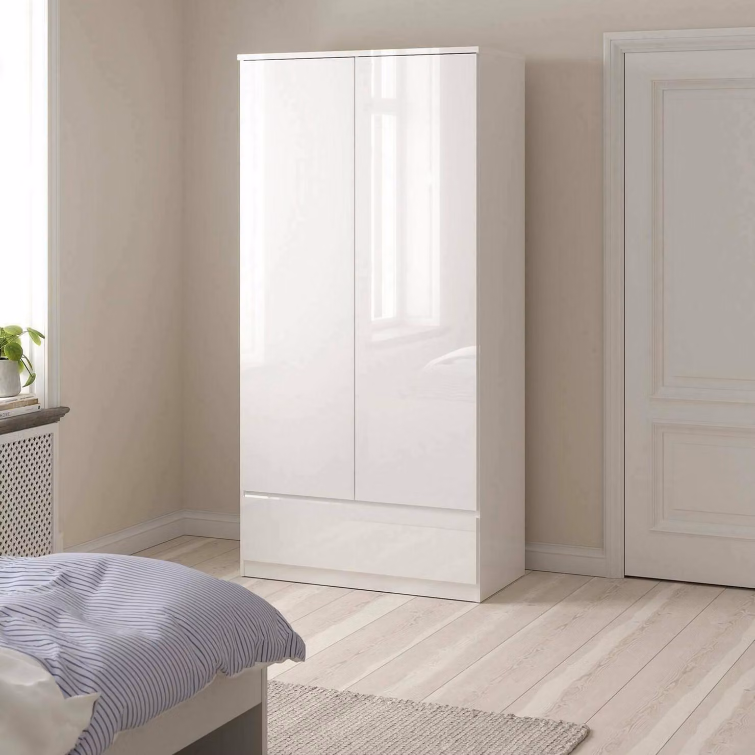 Dmora Guardaroba 2 Ante Kab 50x200.6h cm Bianco Bianco Lucido, Appendiabiti 2 Ante