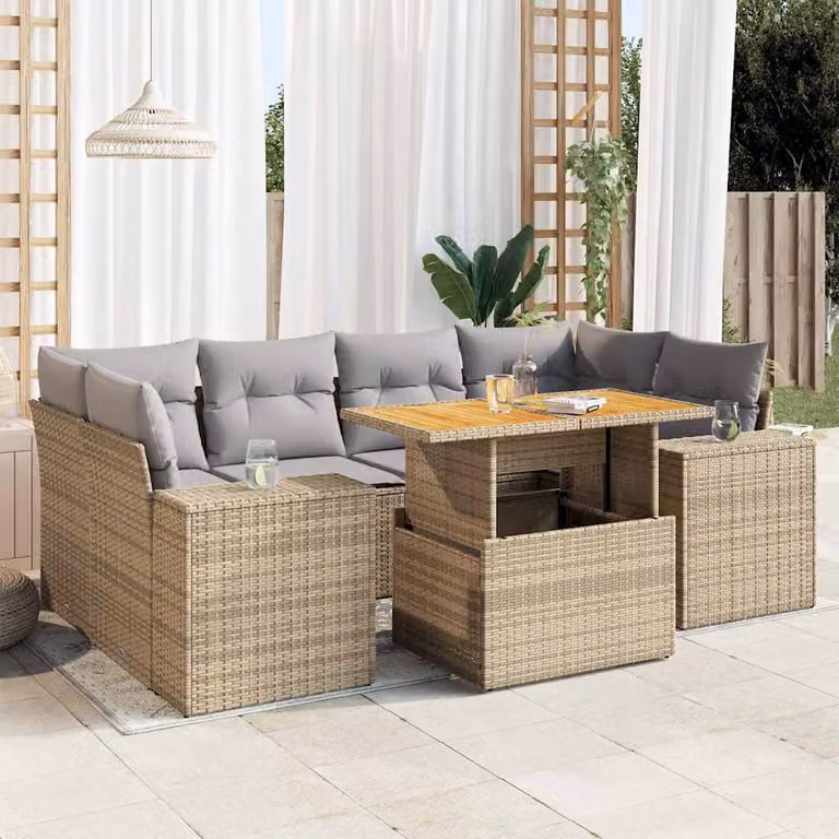 Set di divani da giardino vidaXL in polyrattan da 7 pezzi con cuscini beige e tavolino da esterno in stile moderno