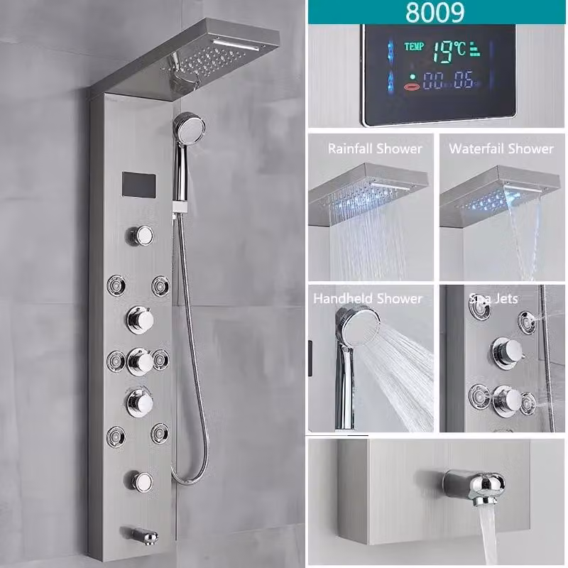 Pannello doccia - Colonna doccia - Doccia a pioggia e cascata con LED - Getto massaggio per il corpo - Display digitale della temperatura - Acciaio inossidabile 304 - Modello 8009, finitura nichel spazzolato