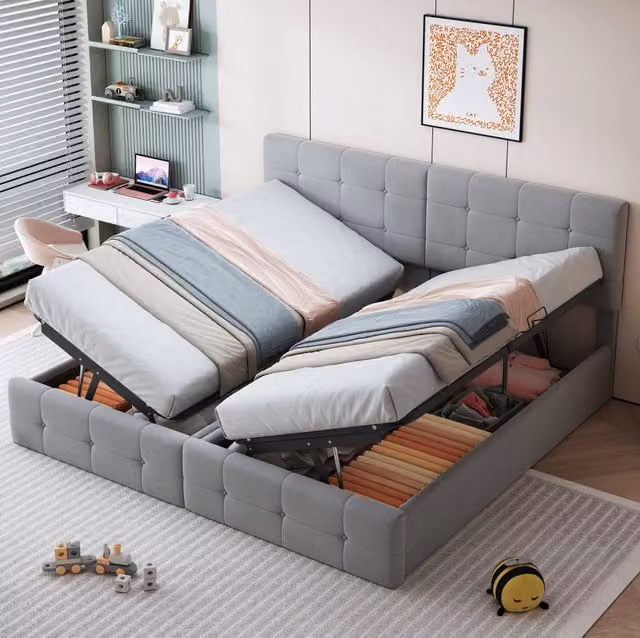 Letto imbottito 180x200 cm con contenitore idraulico; divisibile in 2 letti 90x200; grigio
