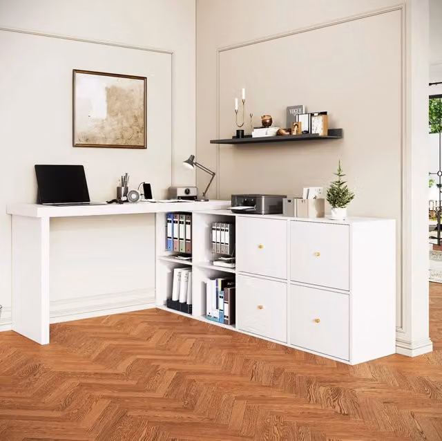 Scrivania girevole in MDF bianco con 8 vani