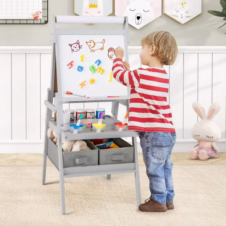 Cavalletto 3 in 1 per bambini Costway con doppia faccia magnetica e lavagna bianca, Grigio