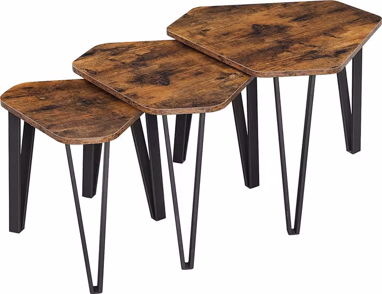 Calicosy - set di 3 tavoli estraibili con gambe in acciaio e in legno rustico