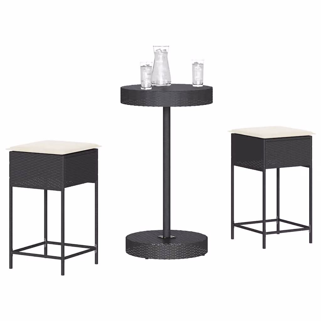 vidaXL Set Bar da Giardino 3 pz in Polyrattan Nero con Cuscini