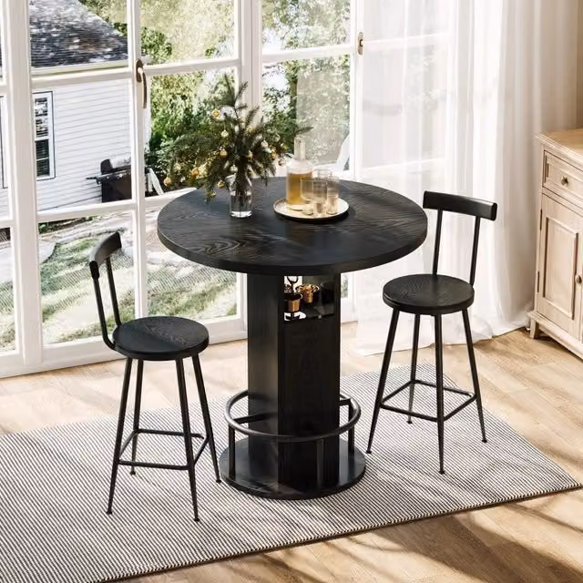 Set tavolo bar rotondo con 2 sgabelli, 80 cm, nero, con vani contenitore