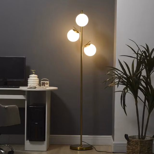 Lampada da terra moderna WISHDOR in metallo oro/ottone con 3 diffusori a sfera in vetro trasparente, Altezza: 169 cm, attacco E27
