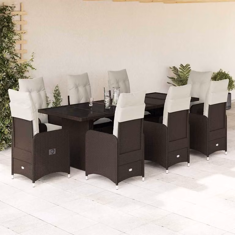 Set Bistrò da Giardino e Balcone vidaXL 9 pz in Polyrattan Marrone con Cuscini e Piano in Vetro