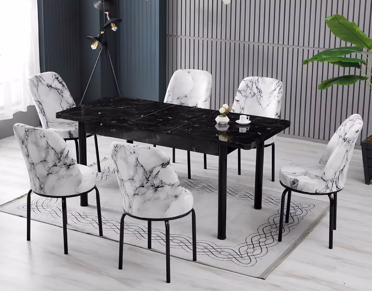 Tavoli da pranzo, set da pranzo, sedie, design moderno, forma rettangolare, colori nero e bianco