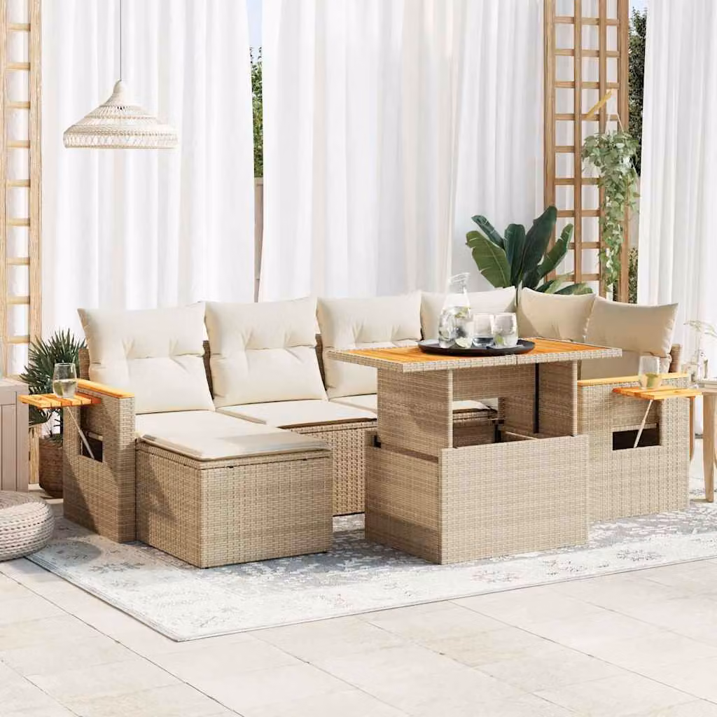 Maison Exclusive - Set Divani da Giardino 7 pz con Cuscini Beige Polyrattan Acacia
