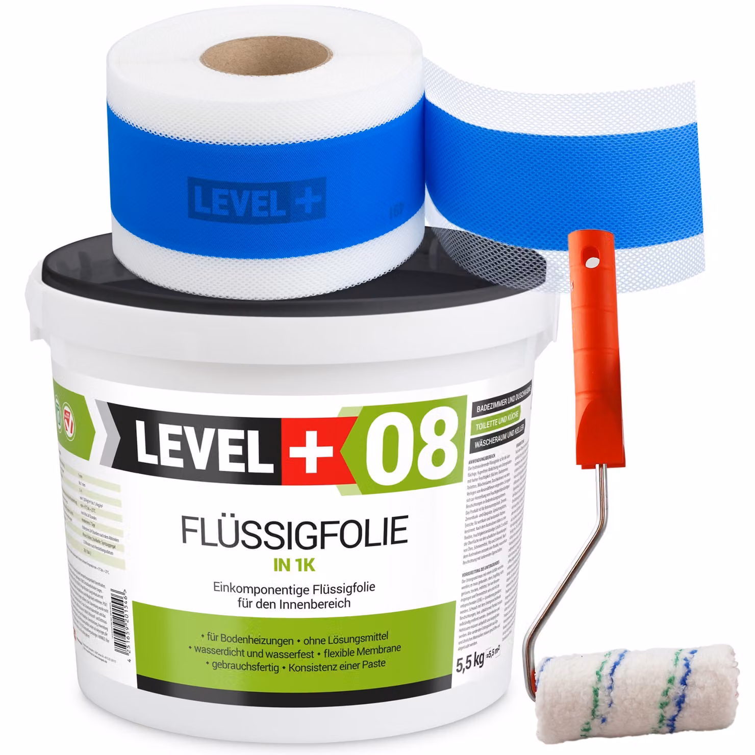 Set per impermeabilizzazione Pellicola liquida 5,5 kg Nastro sigillante 5mb + Rullo per verniciatura LEVEL+ SET295