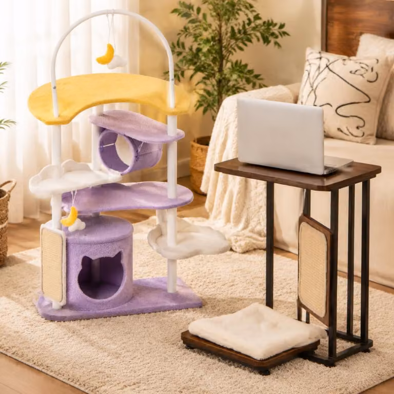 Set di arredi per gatti (2 pezzi) – Tavolino graffiatoio 4 in 1 e tiragraffi a forma di luna da 158 cm
