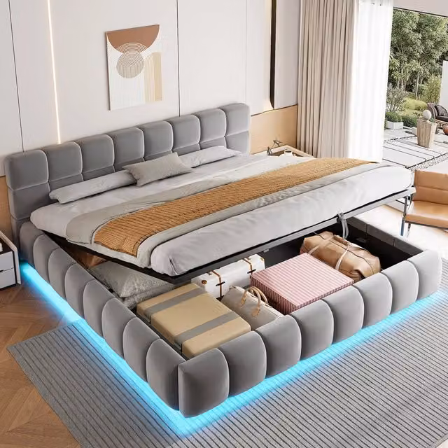 Letto matrimoniale 180 × 200 cm con contenitore idraulico e LED regolabile, senza materasso, in velluto grigio