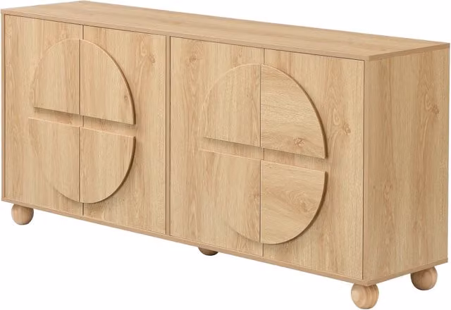 Credenza e madia moderna con 4 ante e ripiani regolabili in legno di pino, finitura naturale beige, per soggiorno e ingresso, L: 160 cm, P: 38 cm, H: 76 cm