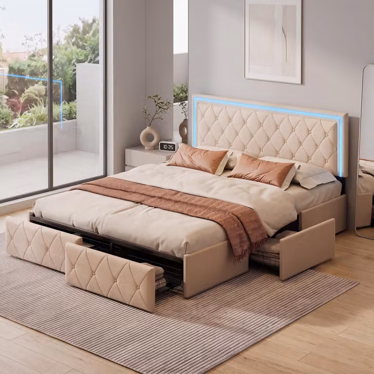 Letto imbottito INONEFT, dimensioni 140x200 cm, con spazio contenitore e illuminazione LED, letto matrimoniale con cassetti, struttura letto per ragazzi con rete a doghe, rivestito in PU, colore beige