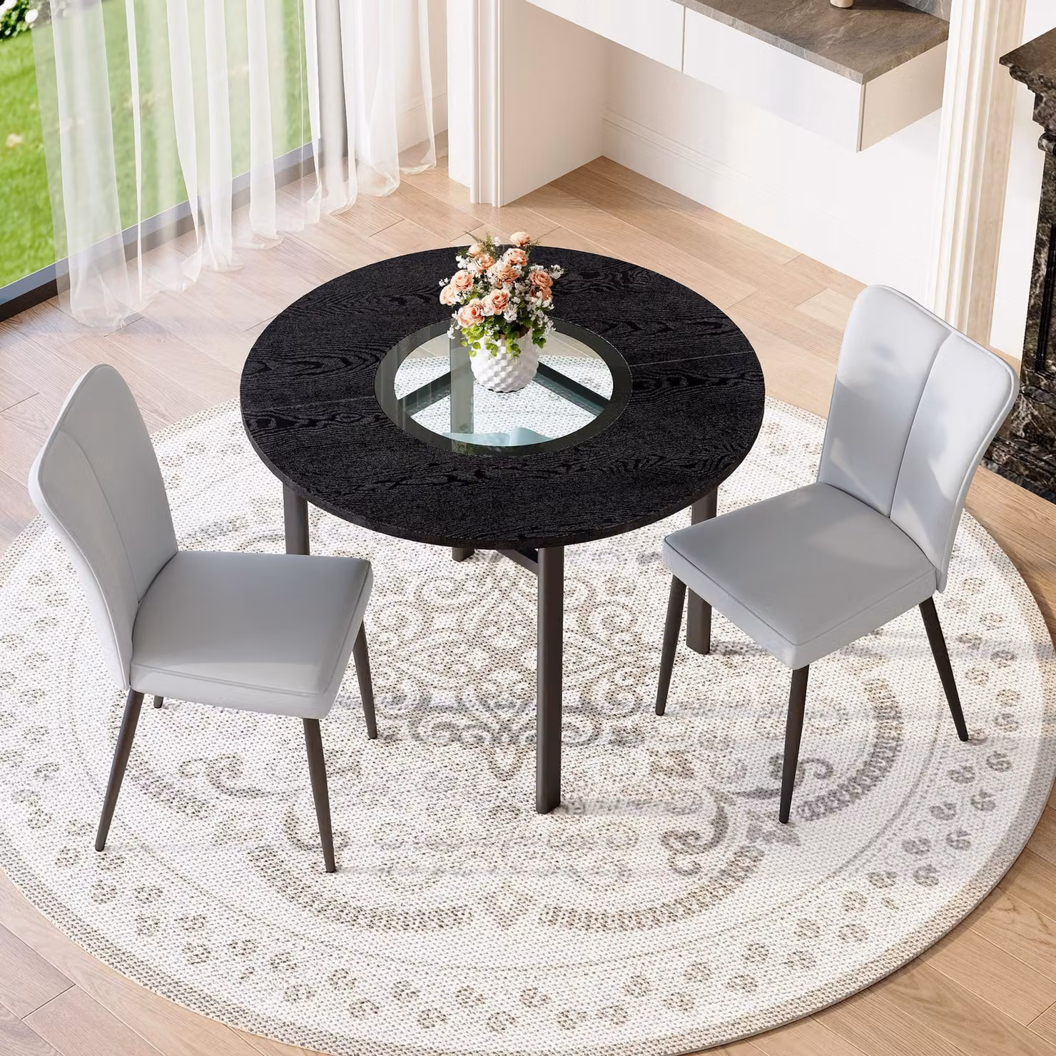 Set tavolo da pranzo STILVORA con 2 sedie in materiale PU, tavolo rotondo con finitura effetto legno nero, set da pranzo con gambe in metallo nero, nei colori grigio chiaro e nero