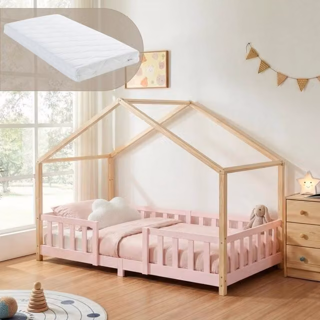 Letto per Cameretta Treviolo a Forma di Casetta in Stile Montessori con Materasso 90x200 cm - Rosa/Naturale [en.casa]