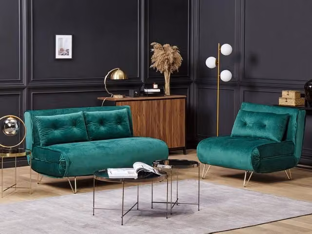 Set di Divani Beliani in Velluto Verde con Funzione Letto e Cuscini, Composto da un Divano a 3 Posti e un Divano a 2 Posti