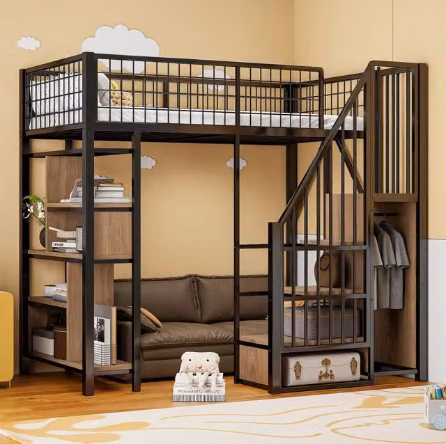 Letto a soppalco 90x200 cm nero con scala contenitore e vani portaoggetti
