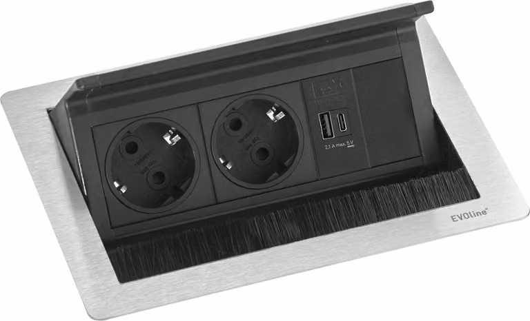 Evoline Flip Top Push S presa da incasso 2 volte con caricatore USB A e USB C, 230V - 3500W, acciaio inox