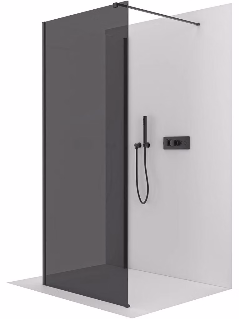 Pannello doccia angolare Walk-in Onyx, modello Cube, destro/sinistro - 8 mm - montante quadrato - nero opaco, vetro grigio grafite - 110x110x200 cm