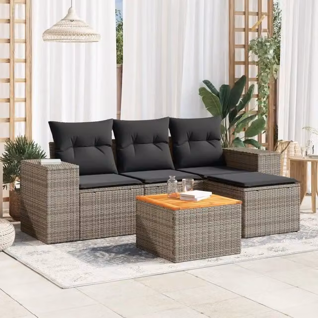 Set Divano da Giardino 5 pz con Cuscini-Sofa da Giardino-Divanetto da esterno Grigio in Polyrattan 790890