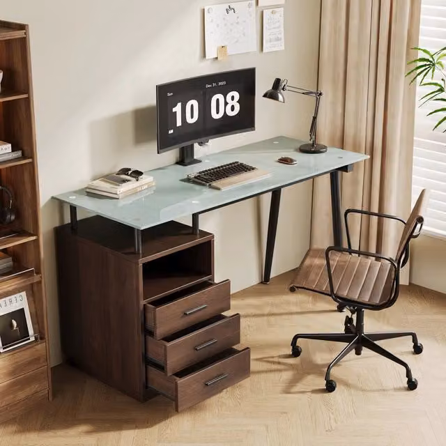 Scrivania dritta con piano in vetro temperato struttura in acciaio tre cassetti marrone 130 × 50 × 75 cm