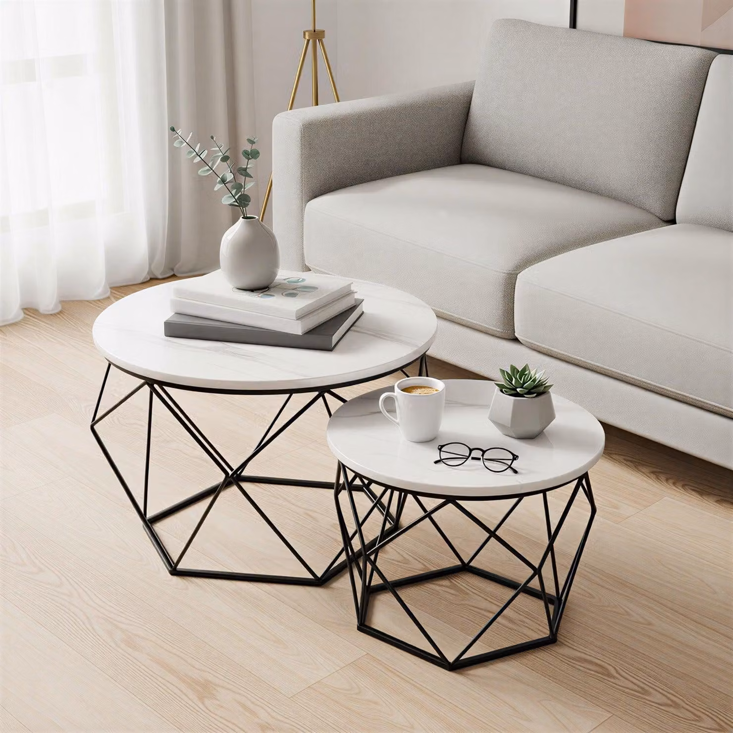 Set di tavolini da caffè rotondi, 2 pezzi, design moderno | Bianco e nero | 60x60x45 cm