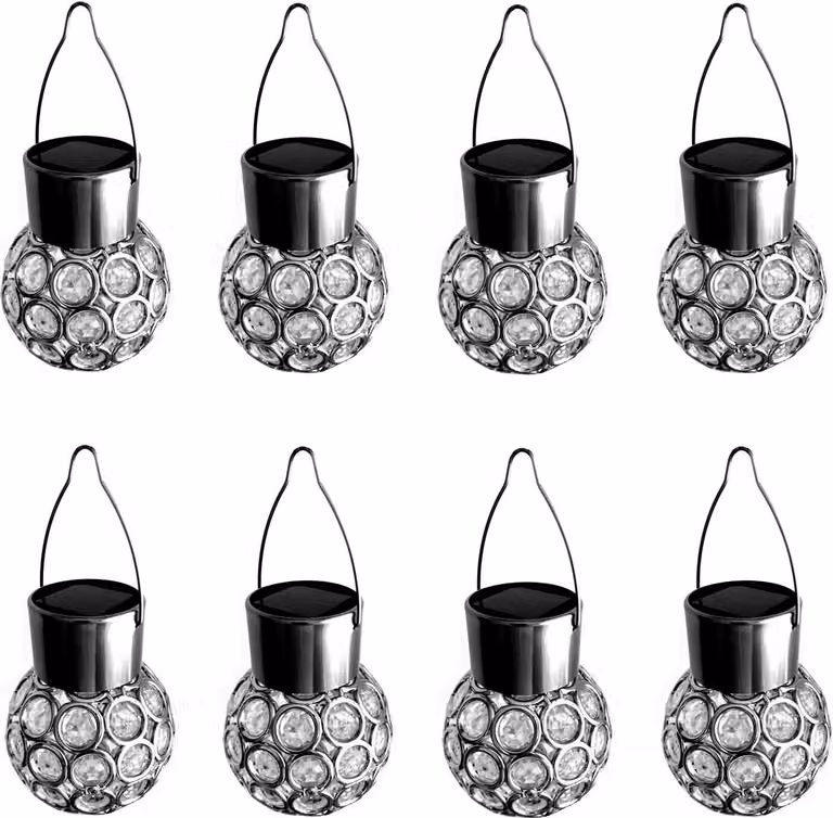 Set di 8 lampade solari a sfera, da appendere | Lampada solare a sfera in acciaio inossidabile | Lampada da giardino solare, lampada a sfera, illuminazione per esterni