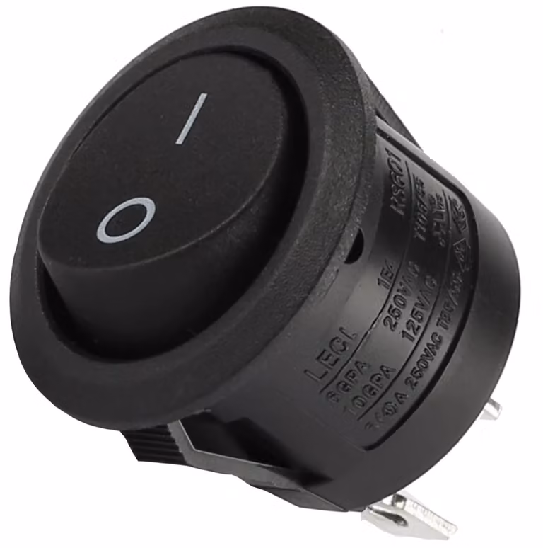 Interruttore a levetta 0-1, diametro 20 mm, 250 V, 6 A, con 2 connettori a morsetto rapido (Faston) da 4,8 mm, colore nero