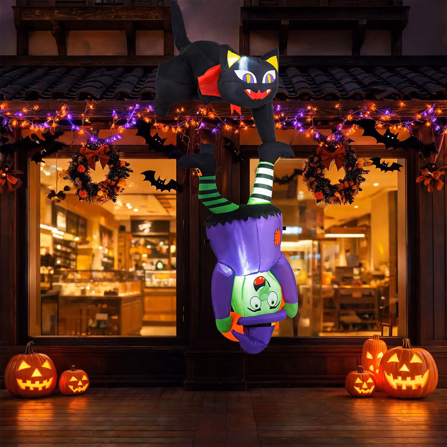 Costway Decorazione spettrale addobbo spaventoso sospeso da esterno con picchetti e corde antivento, Gonfiabile halloween gigante e alto con luci gatto nero e