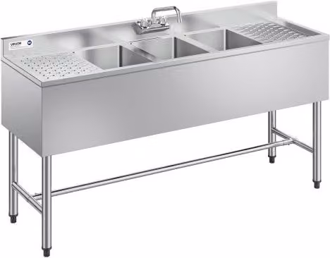 Lavello da cucina VEVOR a 3 scomparti rettangolare in acciaio inox color argento con 2 scolapiatti, paraschizzi e rubinetto caldo/freddo, Vasche: 254 x 356 x 254 mm