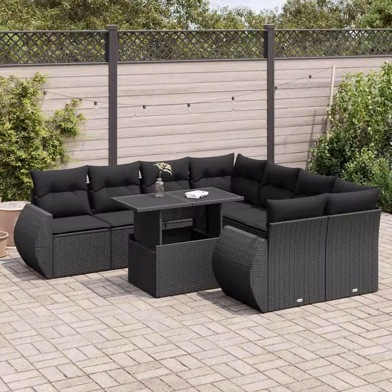 Set di divani da giardino vidaXL 9 pz a forma di U in polyrattan nero con cuscini e tavolino da esterno