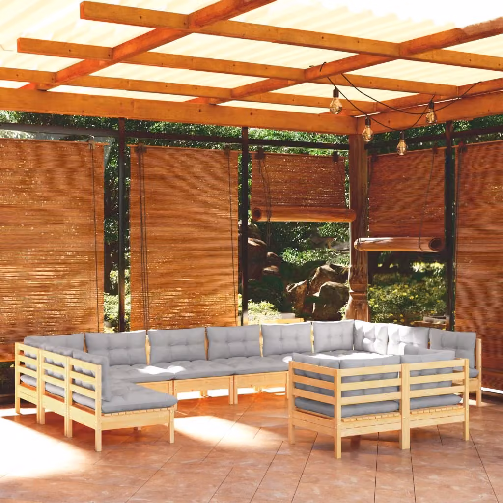 The Living Store Set salotto da giardino 12 pezzi con cuscini grigi in legno di pino massiccio