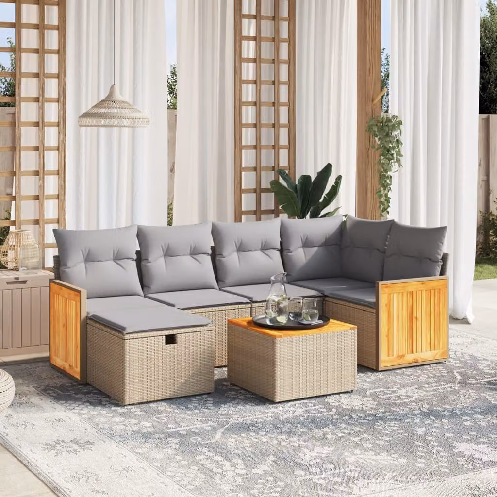 vidaXL Set Divano da Giardino a L 7 pz con Cuscini Beige e Grigio in Polyrattan e Acciaio – 1