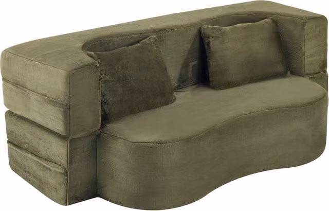 Divano letto pieghevole Chicfurn a 2 posti con design ondulato in tessuto effetto peluche e 2 cuscini, colore verde
