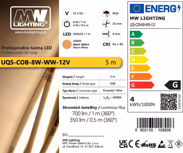 Striscia LED COB professionale MW Lighting UQS-COB-8W-WW-12V 12VDC, 3000K, 12V, 5m, IP20, bianco caldo
