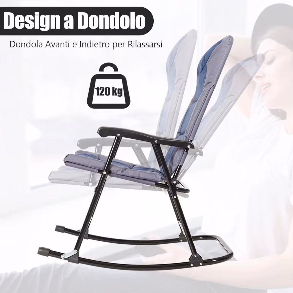Set di 3 Sedie a Dondolo e Tavolino da Esterno Pieghevoli Costway in Acciaio Inox e Vetro per Giardino, Balcone o Terrazza, Blu – 2