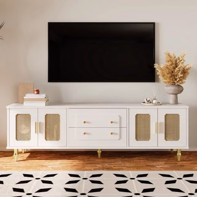 Mobile TV Mivray bianco con quattro ante in rattan PVC e cassetti push to open L/P/H: 175 x 38 x 55.5 cm – 1