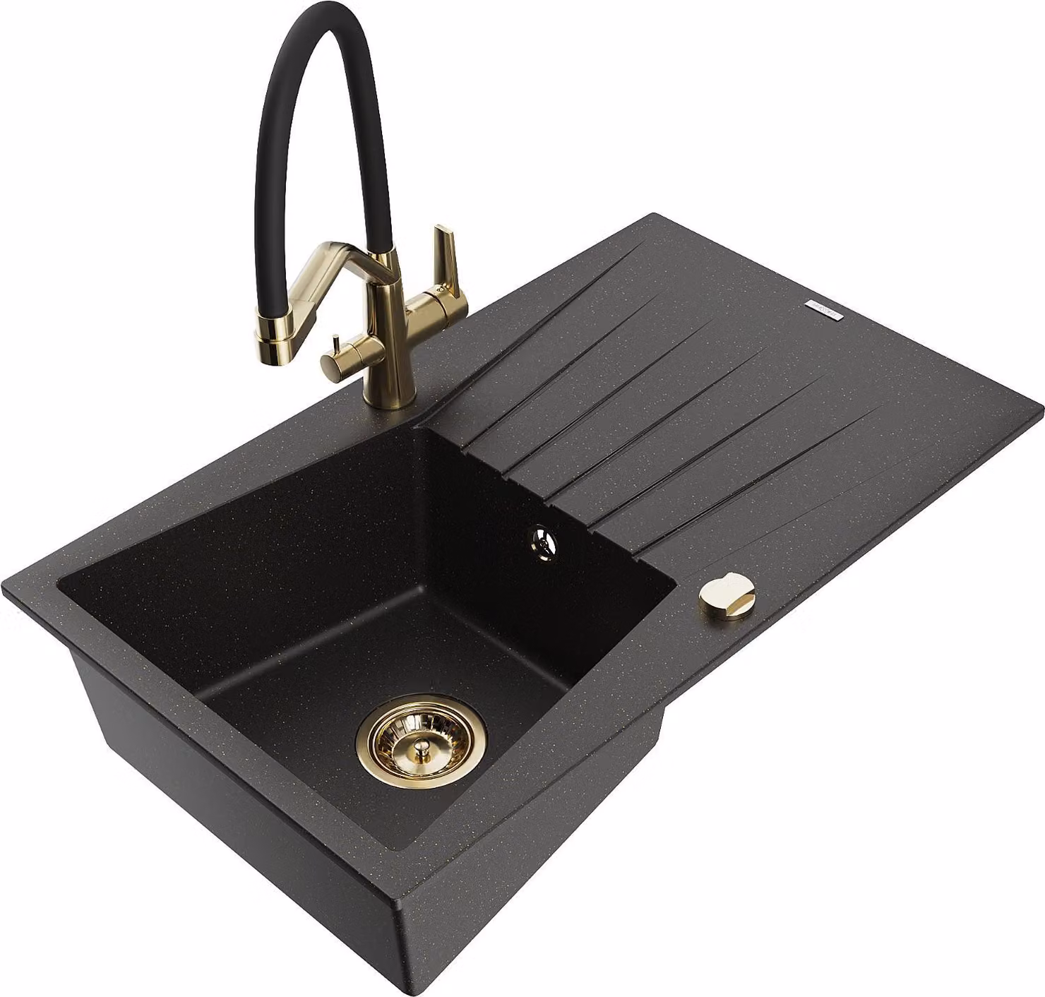 Mexen Cesar lavello in granito a 1 vasca con scolapiatti e miscelatore Duo, nero/oro metallizzato - 6514-75-671701-57-G