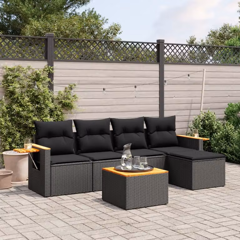 Set Divano da Giardino a L vidaXL in Polyrattan Nero con Cuscini e Tavolino da Esterno 6 pz