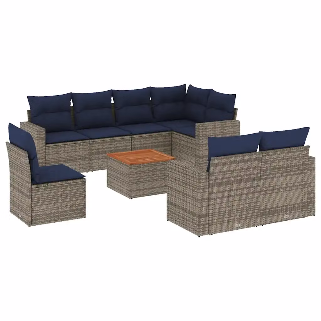 Set di divani da giardino vidaXL in polyrattan con cuscini grigi e blu, 9 pezzi con tavolino e sedute moderne per esterno – 2