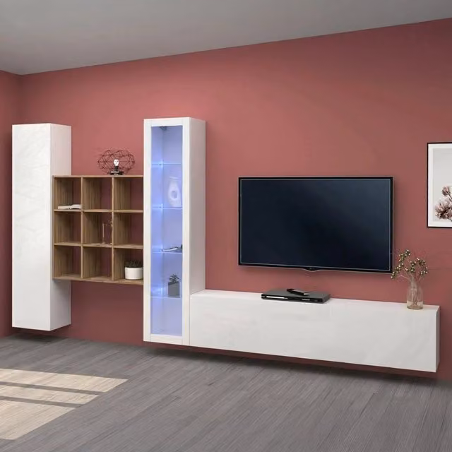Parete Attrezzata Mobile Soggiorno Arizzano DMORA Bianco Lucido L: 310 cm, P: 30 cm, H: 180 cm