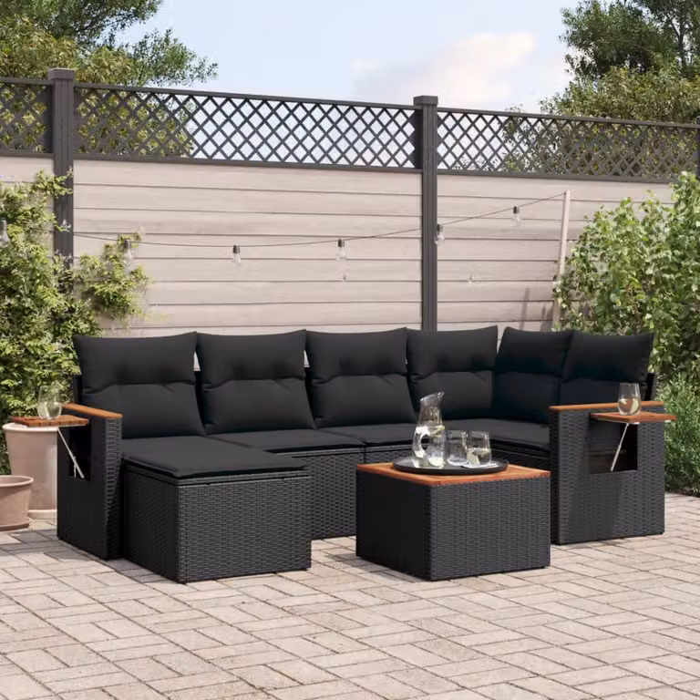 vidaXL Set Divani da Giardino a L con Cuscini 7pz Nero in Polyrattan e Legno di Acacia