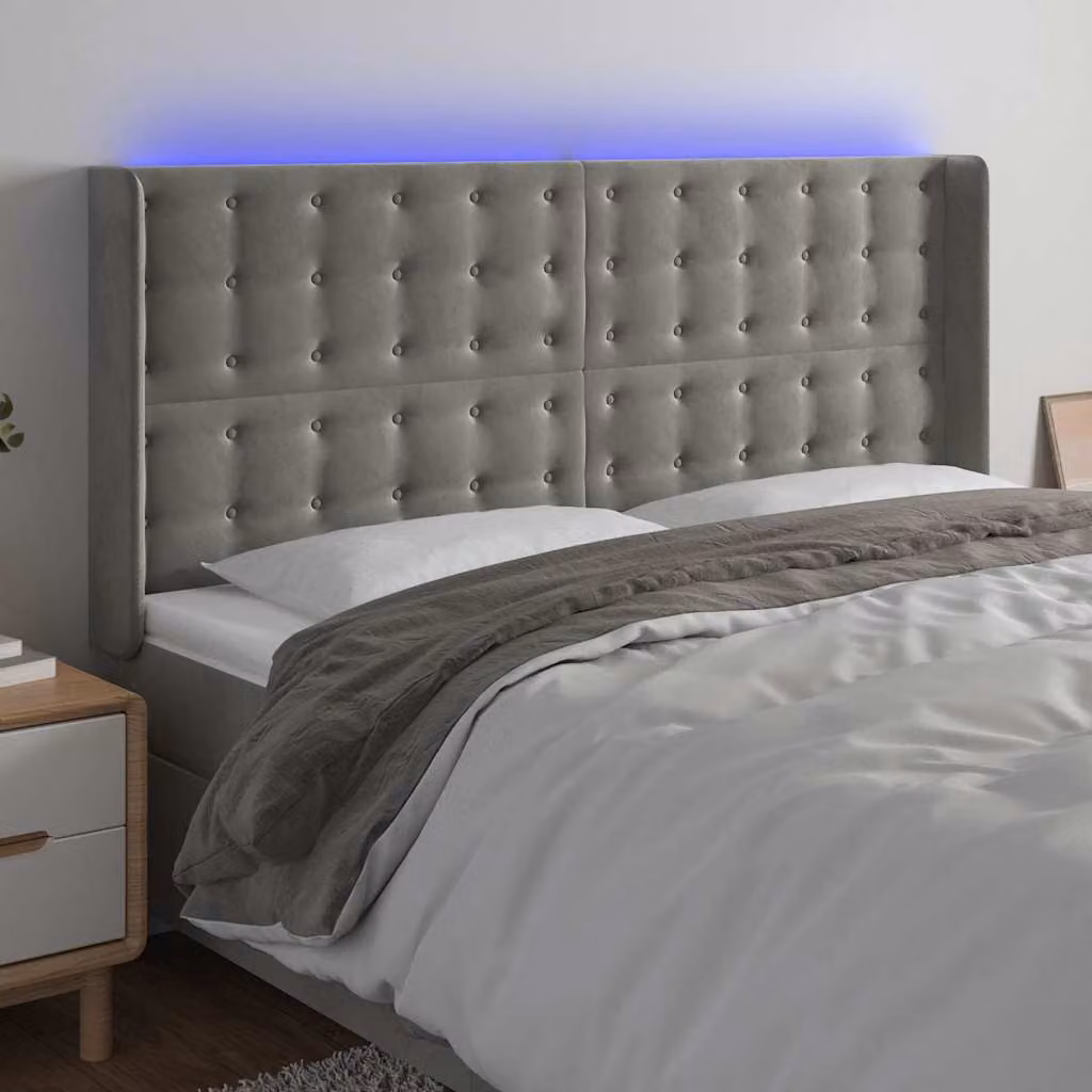 vidaXL Testiera con LED e porta USB in Velluto Grigio, L 163 x P 16 x H 118/128 cm – 1