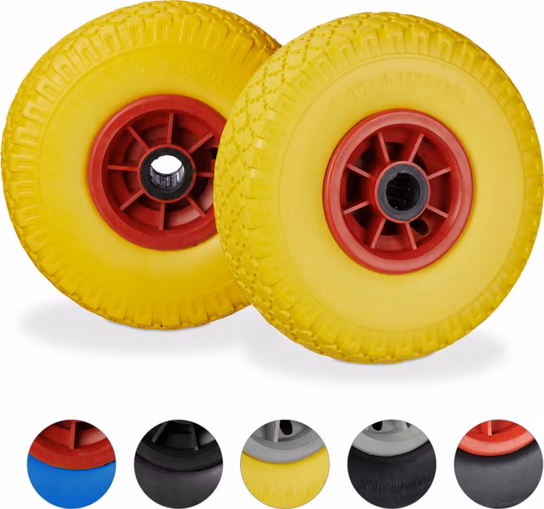 Set di 8 ruote per carrelli a mano, pneumatici in gomma piena PU 3.00-4" anti-foratura, asse da 25 mm, portata fino a 80 kg, 260x85 mm, giallo-rosso