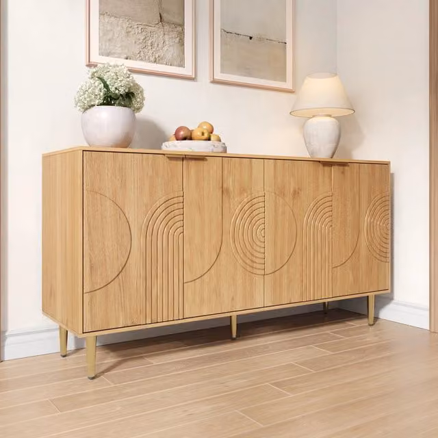 Credenza moderna con 4 ante e ripiani regolabili in MDF e metallo, colore beige, L 140 cm x P 40 cm x H 72 cm