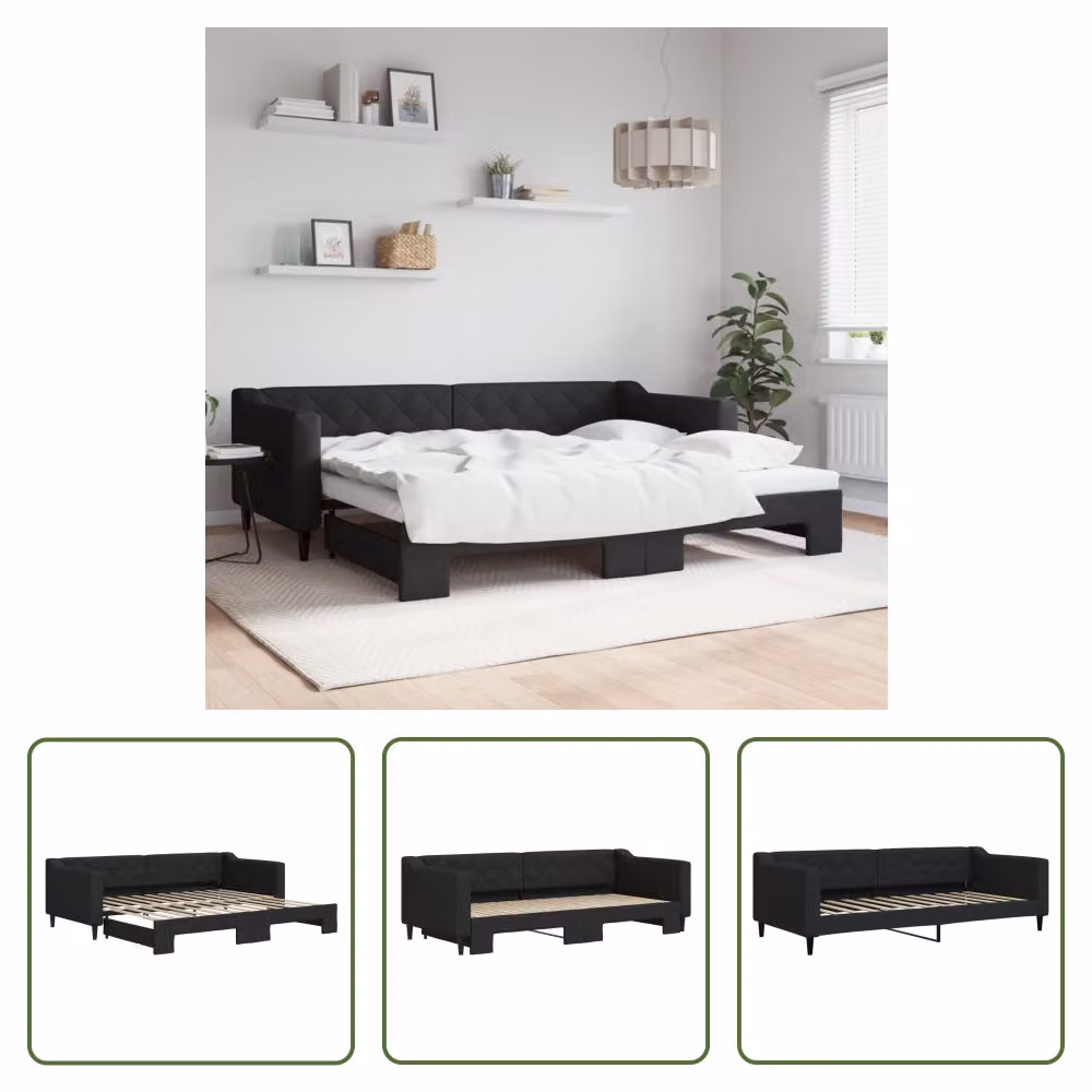 The Living Store letto da giorno allungabile nero 90x200 cm in tessuto