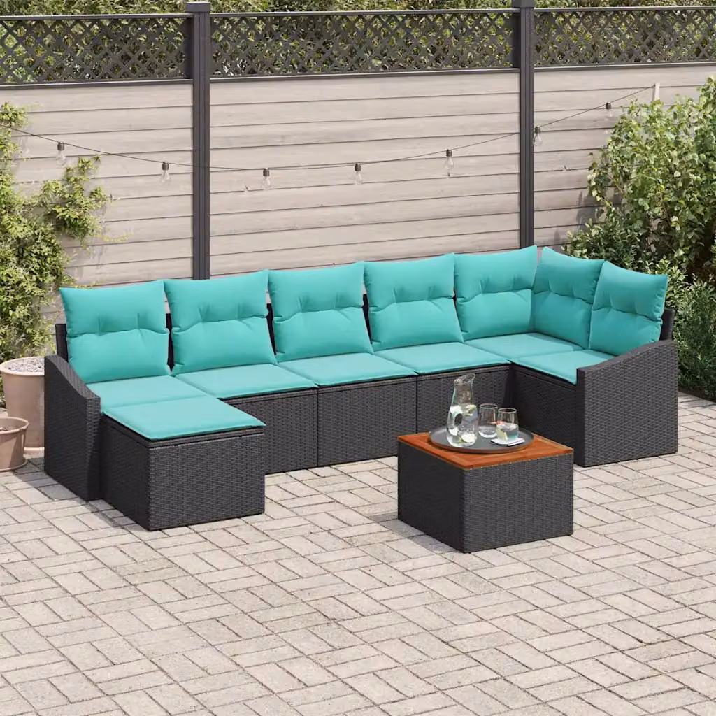 Set Divano da Giardino vidaXL 8 pz a forma a U con Cuscini, Tavolino e Pouf, Colore Nero e Turchese con Struttura in Acciaio e Polyrattan