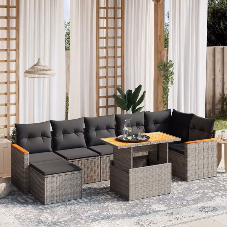 vidaXL Set Divano da Giardino a L 8 pz in Polyrattan Grigio con Cuscini e Tavolino